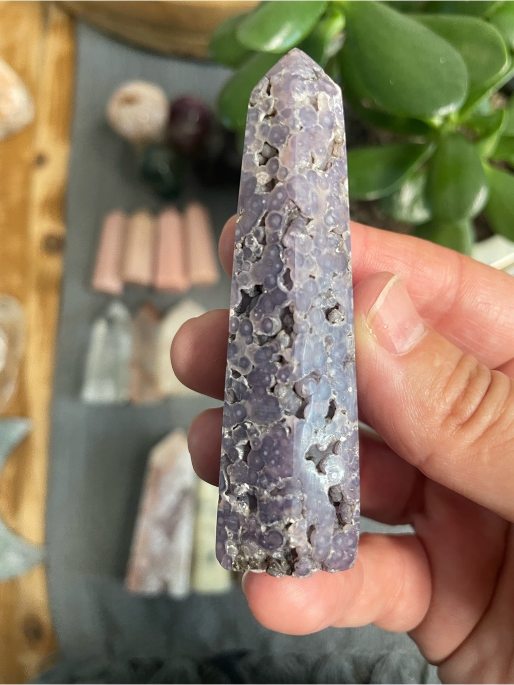Polished grape agate boyryoidal amethyst crystal tower.